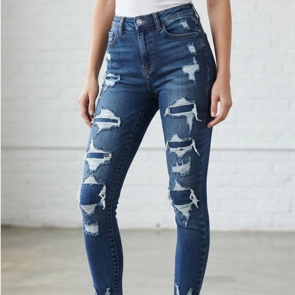American Eagle Super Hi-Rise Jegging Dark Wash Distressed Jeans Size 0 Regular